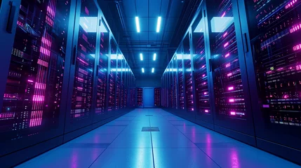 Fotobehang Ein Raum voller Server schafft neue Dienste im Internet und berechnet die KI © pegasus24.com