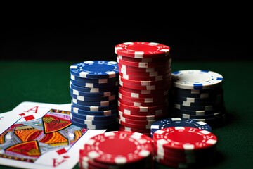 Poker chips and playing cards on green table at casino. Casino concept. Casino concept with copy space. Online casino. Gambling concept with copy space.