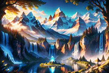 fantasy landscape with mountains, waterfalls and trees