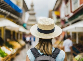 Woman tourist walk at Asian street market