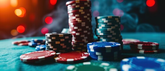 Poker chips and cards on dark background with smoke and neon lights. Casino concept. Selective focus. Casino concept with copy space. Online casino. Gambling concept with copy space.