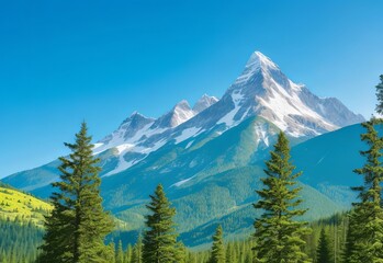 Obraz premium Mountain covered by forest and a blue sky