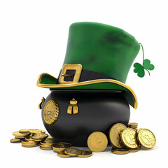 St Patrick s Day Pot of Gold shamrocks and leprechaun hat over a white background