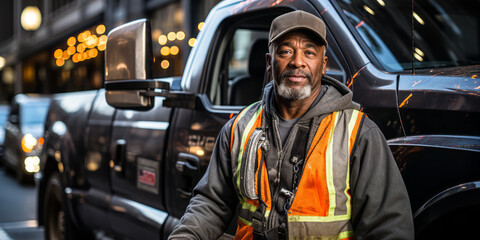 Truck Driver Navigates Past Vehicle to Board Cab for Work