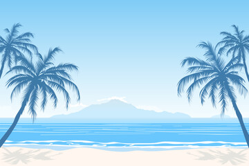 Beach landscape vector illustration. Beautiful sandy beach on a paradise island with palm trees and stunning views of the mountains and blue sky. A day at the beach. - obrazy, fototapety, plakaty