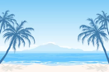 Foto op Plexiglas Beach landscape vector illustration. Beautiful sandy beach on a paradise island with palm trees and stunning views of the mountains and blue sky. A day at the beach. © LoveSan