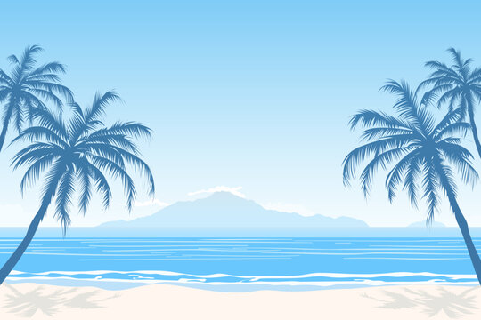 Beach landscape vector illustration. Beautiful sandy beach on a paradise island with palm trees and stunning views of the mountains and blue sky. A day at the beach.