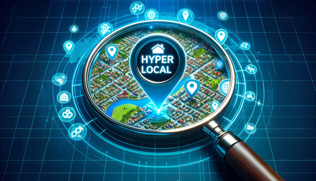 Magnifying glass hovering over a digital map, focusing on a tiny neighborhood. Within the magnified area, icons represent local businesses and events, and the term Hyperlocal glows vibrantly.