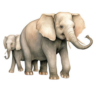 AI-generated watercolor mother and baby Elephant clip art illustration. Isolated elements on a white background.