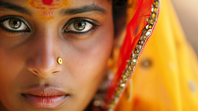 Close-up of young Indian woman in traditional attire and red bindi on her forehead.