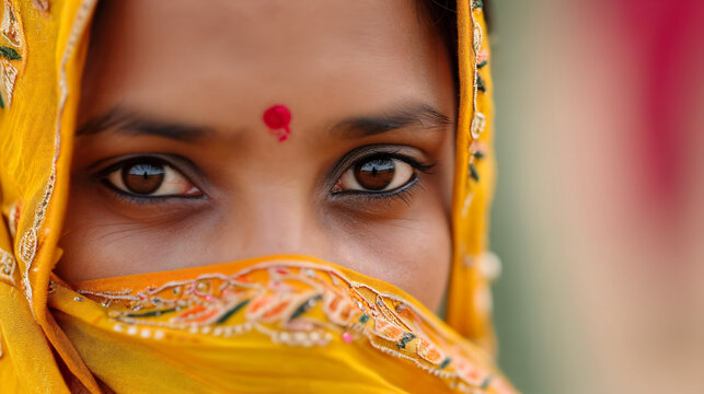 Close-up of young Indian woman with her face partially covered by richly embroidered yellow veil, eyes are highlighted by kohl, and red bindi adorns her forehead.