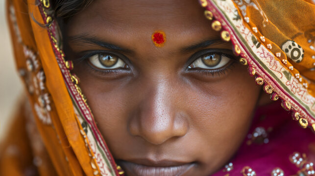 Young Indian woman with striking eyes, partially covered by  ornate orange veil with gold trim and a red bindi on her forehead