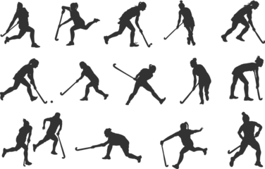 Fotobehang Female field hockey silhouette, Field hockey silhouettes, Woman player silhouettes, Field hockey svg, Field hockey clipart, Girl hockey player silhouette. © DesignLands 