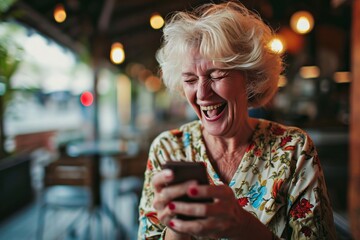 An exuberant Blonde woman delighting in the usage of smartphone applications tailored for seniors generative ai - obrazy, fototapety, plakaty