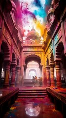 Color Splashes for Holi in traditional Temple 