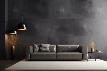 Elegant room with grey couch, contemporary backdrop, vacant dark wall, digital rendering. Generative AI