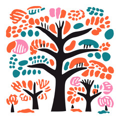Trees texture, vector art, Doodle children's trees. Primitive forest plants, childish simple woods with shrubs in naive style. Modern abstract stylized woodland. on generative AI
