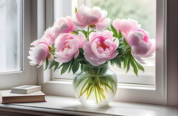 Illustration of a bouquet of lush pink peonies in a transparent glass vase stands on the windowsill, books lie nearby.
