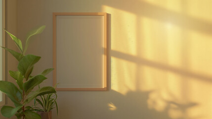 Blank biege poster frame mock up template, room interior with white wall and green plant. Rays of sun