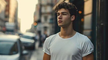 A handsome man in a white t-shirt on a urban street. Created with Generative Ai technology.