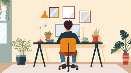Illustration of a teenager sitting with his back to us in a bright room and working at a computer, empty frames hanging on the wall, flowers on the table and near the table