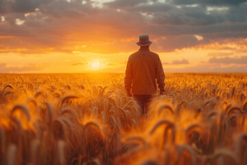 Fototapeta premium A farmer walking through a wheat field. A captivating photo capturing the peaceful tranquility of a man standing in a wheat field as the sun sets on the horizon.