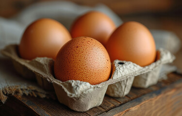 A few brown hard boiled eggs in a box. A collection of fresh eggs neatly arranged in a carton placed on a wooden table.