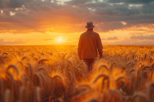 A farmer walking through a wheat field. A captivating photo capturing the peaceful tranquility of a man standing in a wheat field as the sun sets on the horizon.