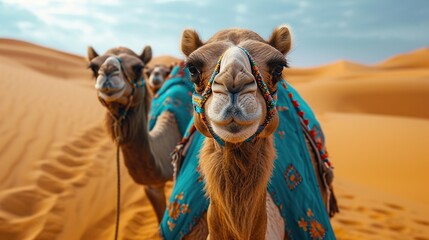 Portrait camel head close-up, in the desert.