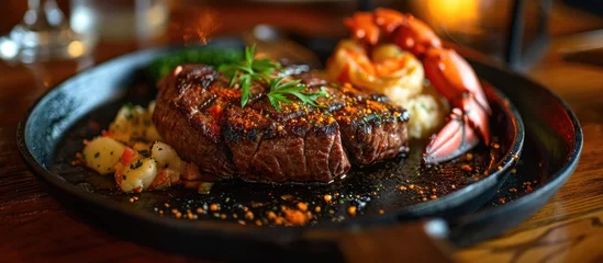 Tuinposter As the hungry diner eagerly awaited their order, a sizzling plate emerged from the kitchen, adorned with a perfectly cooked filet mignon steak and a succulent lobster tail, making for a tantalizing © Sona