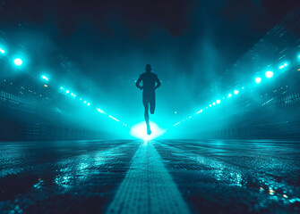 A sports person jumping in an empty stadium. A man runs energetically in a brightly lit stadium at night, engaging in an intense workout session.