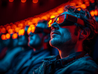 A theater with people sitting. A man is seen wearing 3D glasses in a theater, fully immersed in the movie on the big screen.