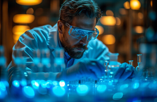 An image of a scientist working. A scientist in a lab coat and goggles focuses on working meticulously on a pipe.