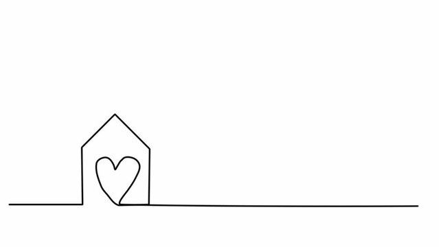 Continuous single line drawing. one heart inside the house, symbol of love and family. Minimalist continuous animation of drawing your own line.