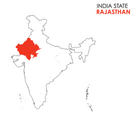 Rajasthan map of Indian state. Rajasthan map vector illustration. Rajasthan vector map on white background.