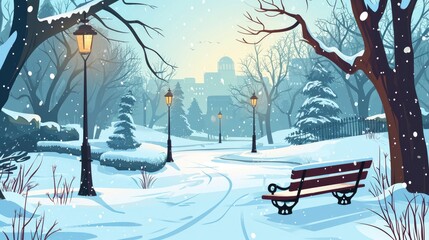 Cartoon winter park. A whimsical recreation area covered in snow. A simple and playful cartoon illustration.