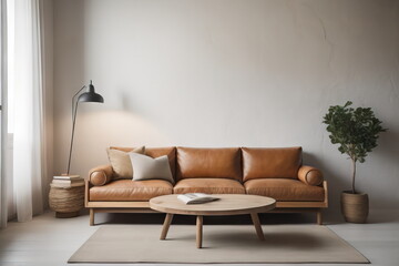  Rustic wooden sofa against of white wall with stone or stucco decorative round shape