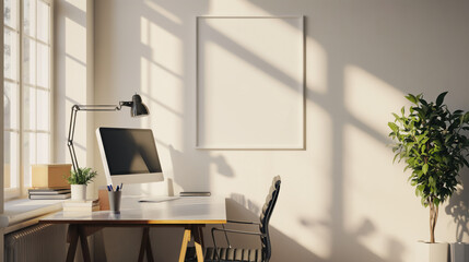 Blank poster frame mock up template above table in office room interior in modern style, white walls, PC on table with lamp and many plants. Play of light and shadows