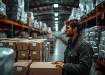 A man putting away a box of packages in his warehouse. An efficient man in a warehouse holds a box, showcasing effective storage and inventory management strategies.