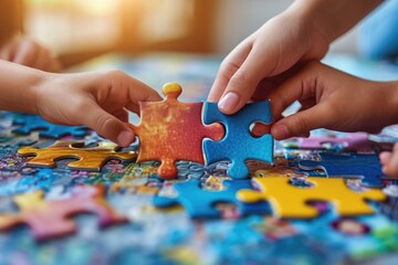Child hands assembling puzzle pieces on a school desk - obrazy, fototapety, plakaty