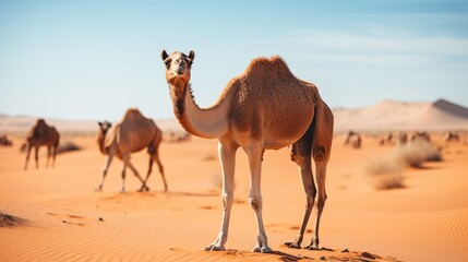 Camels standing in the desert with a bright blue sky.	