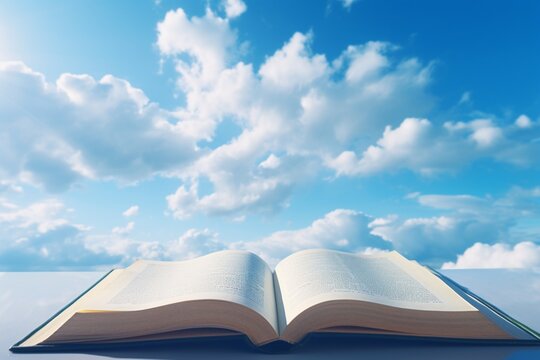 Open book under a blue sky with clouds above it