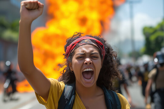 fervent protester yells with a raised fist against a backdrop of flames surrounded by other demonstrators