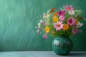 green vase filled with colorful flowers next to a green wall