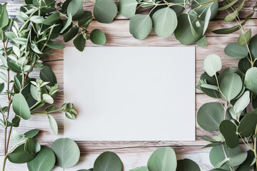 Overhead flat lay view of a blank white invitation stationery card with eucalyptus leaves