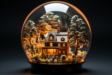 Fototapeta na wymiar Snow globe with house and trees on black background