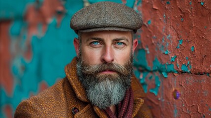 Bearded Man with Newsboy Cap on Terracotta Background Generative AI