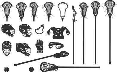 Lacrosse silhouettes, Lacrosse bundle silhouettes, Lacrosse stick silhouettes, Lacrosse helmet silhouette, Lacrosse stick and helmet svg, Lacrosse stick clipart, Lacrosse stick vector illustration. - obrazy, fototapety, plakaty