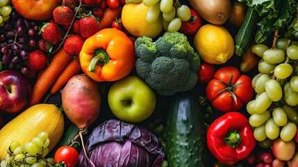 Flat lay of fresh fruits and vegetables for background. Healthy and natural food concept. - obrazy, fototapety, plakaty