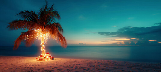 Holiday Glow, Palm Decorated with Christmas Lights on the Beach